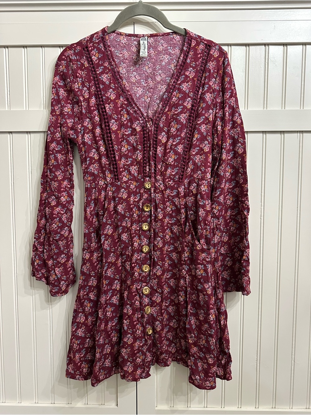 American Rag Burgundy Floral Button-Front Long Sleeve Dress Size XXS
